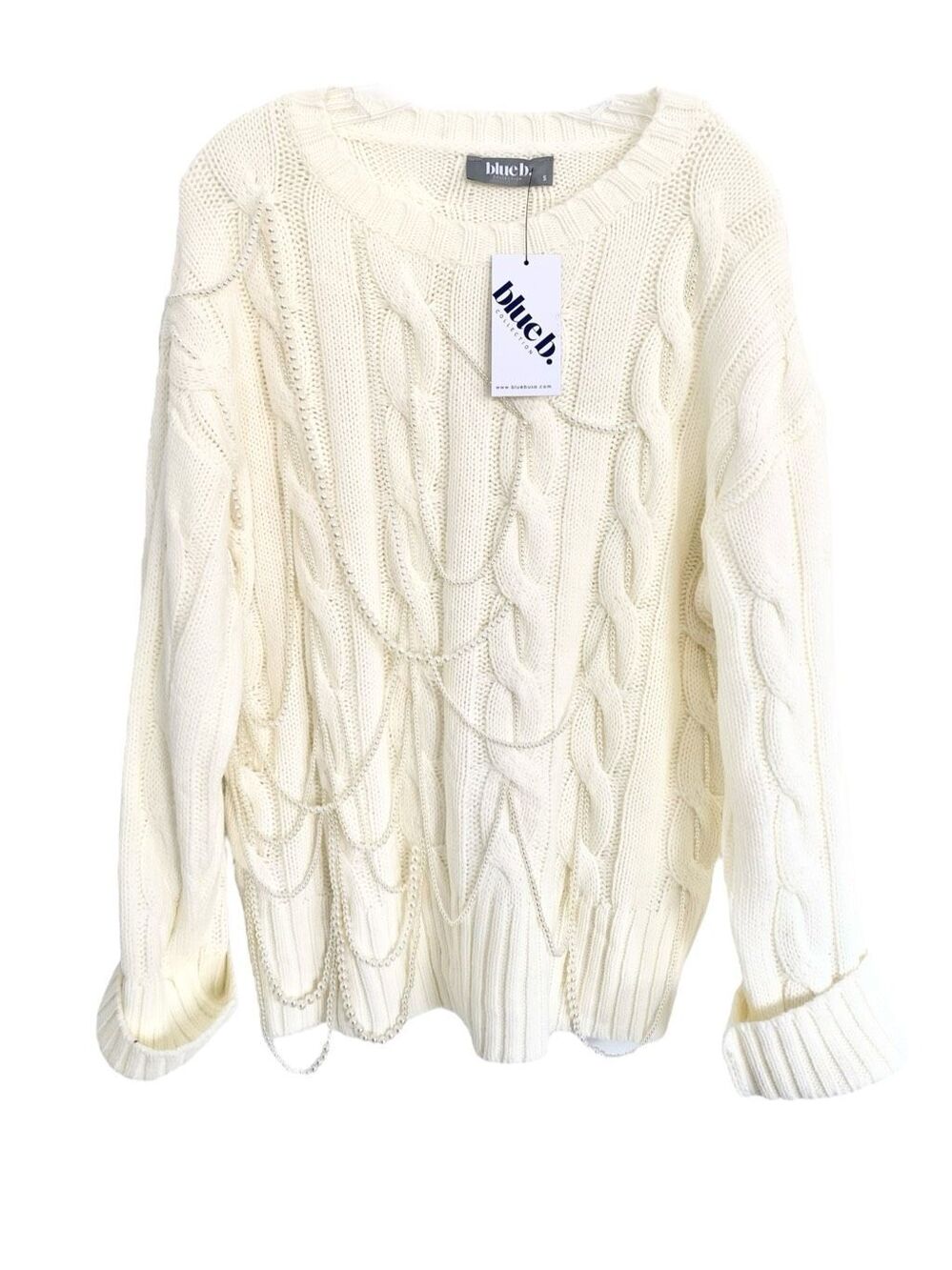 NWT Blue b Ivory Cable Knit Faux Pearls Embellished Sweater Oversized S